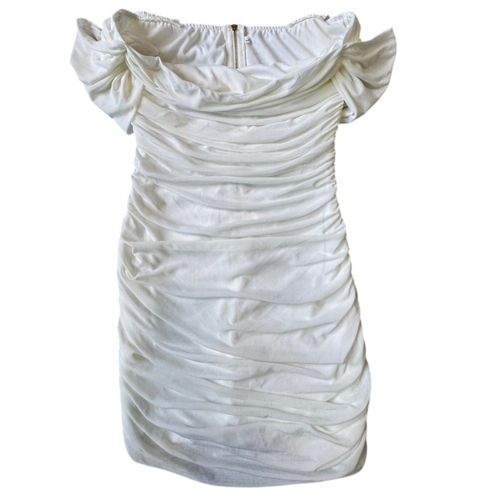 White Ruched Off The Shoulder Bodycon Mini Dress Gold Back Zip Size L